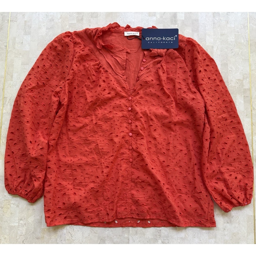 Anna Kaci Eyelet Peasant Top Blouse Boho Embroidered Red Coral Summer Sz M NWT